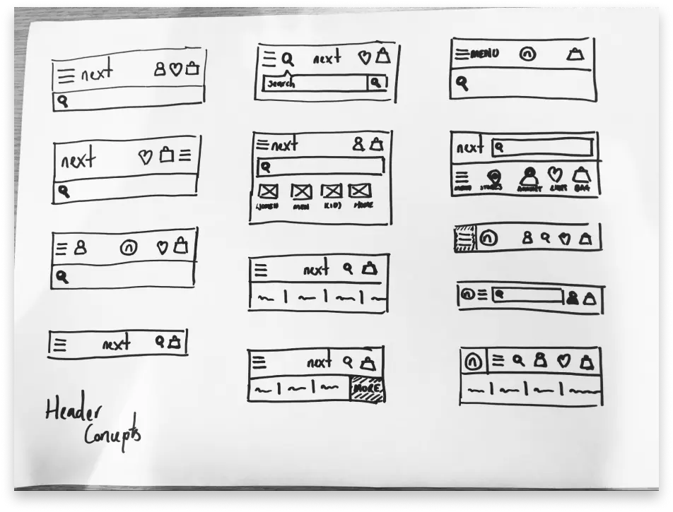 Sketches showcasing diverse header concepts seamlessly integrating the "Burger Menu" icon into the design.