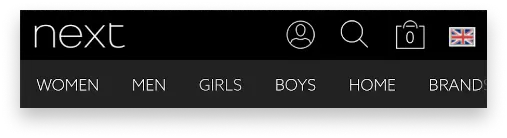 Next's mobile-optimized header features a convenient horizontally-scrolling navigation menu, providing easy access to top-level departmental links like "Women," "Men," "Girls," and "Boys" with a single tap.
