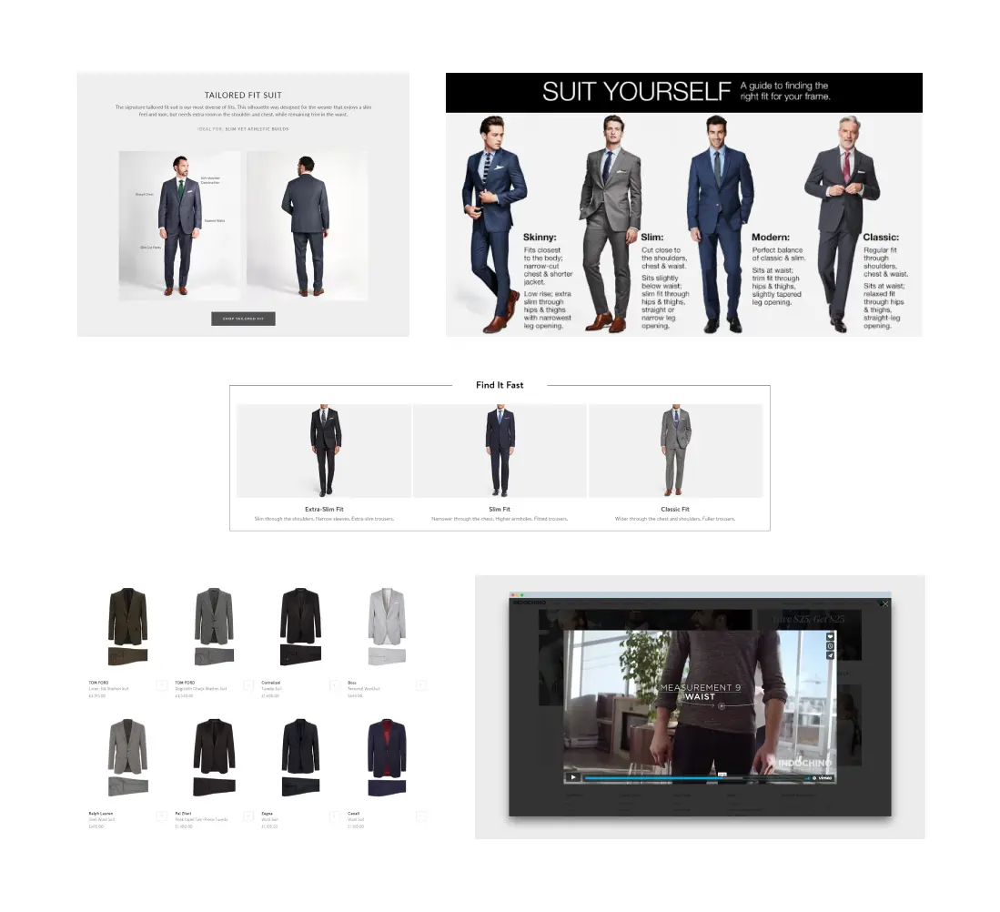Screenshots highlighting various features that simplify online suit selection and purchase.