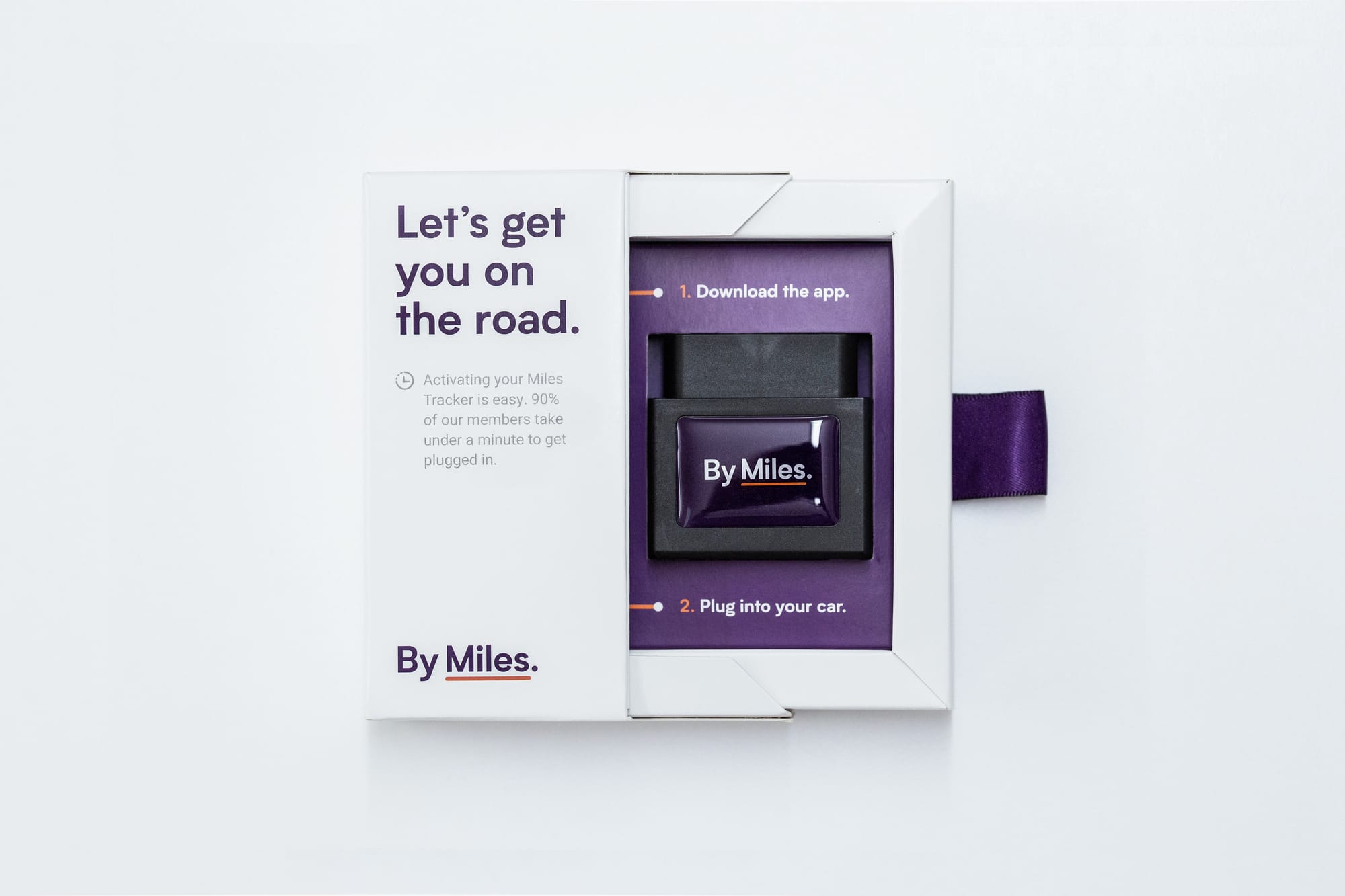 By Miles Tracker packaging with instructions to download the app and plug the device into the car.