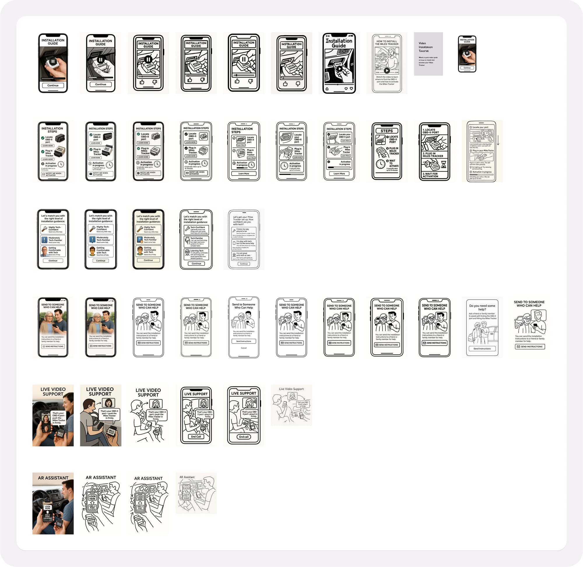 A grid of AI-generated mobile screens showing various design iterations for simplifying the Miles Tracker installation experience.