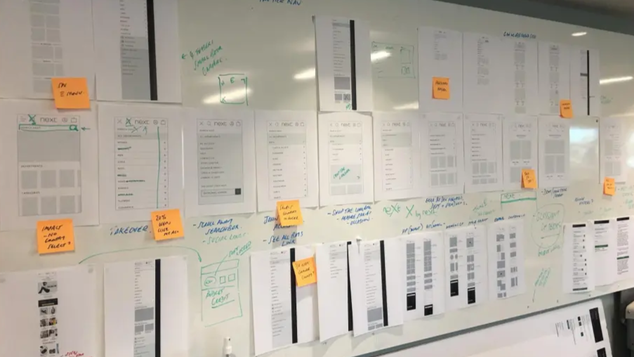 Wireframes and information architecture documents pinned to office wall at Next with handwritten notes and sticky notes.
