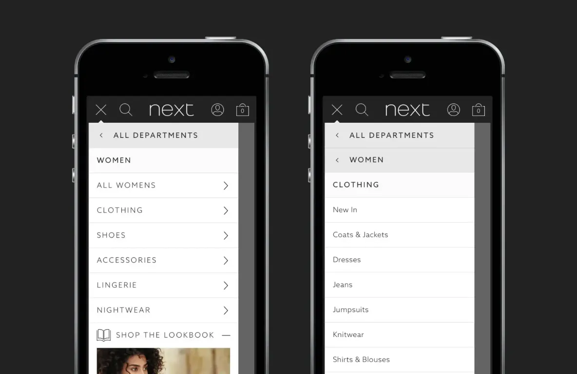 Proposed burger menu navigation for Next’s mobile site, later shown to risk £135m in lost sales.